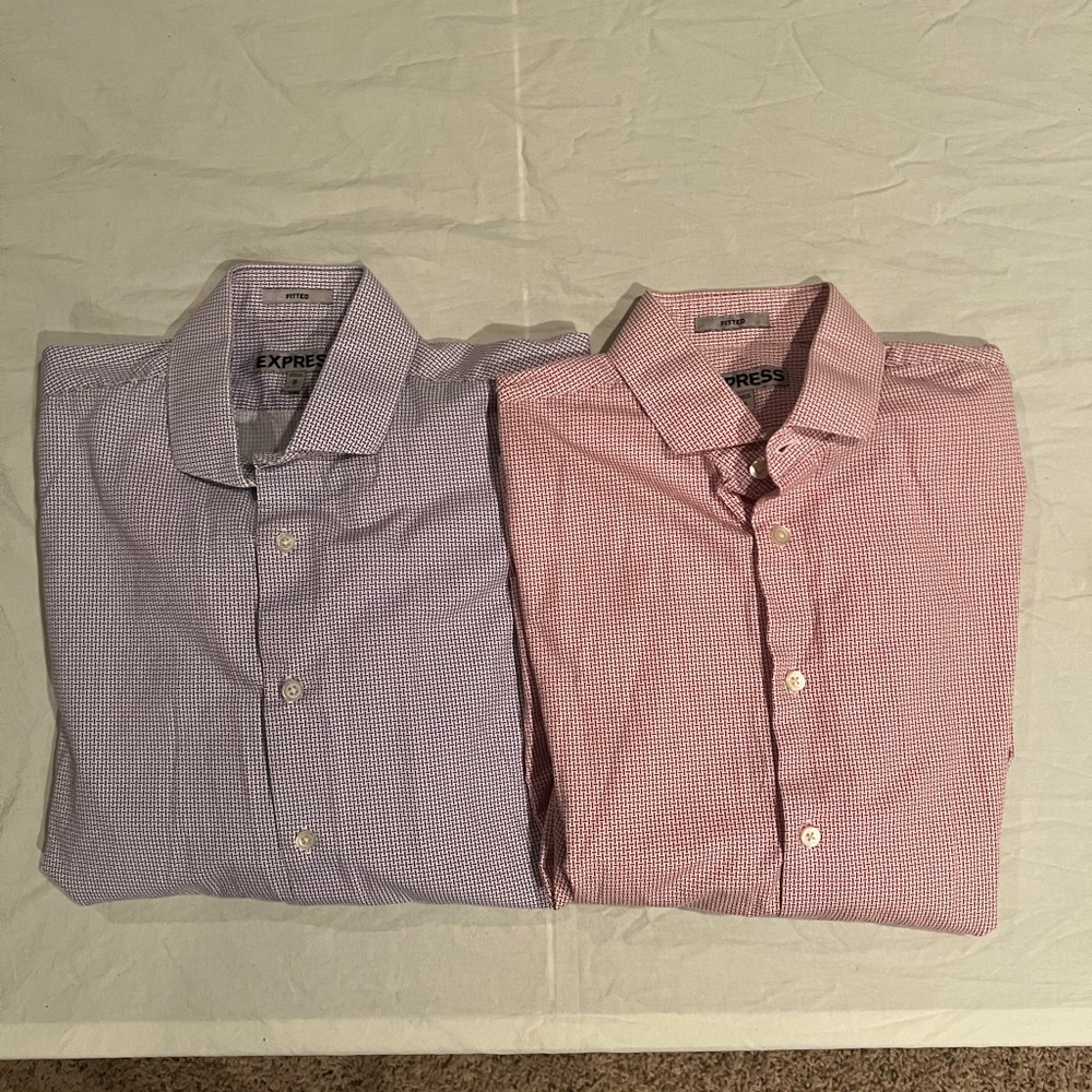 Lot of Two Express Fitted Button Dress Shirts Red & Purple, Adult Medium 15-15.5